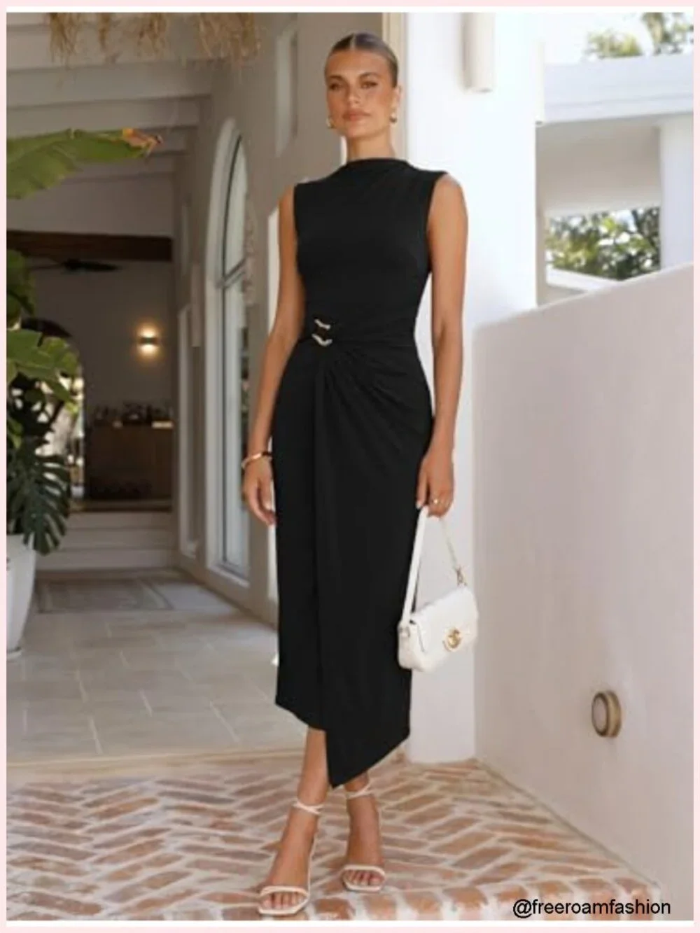 Mock Neck Ruched Bodycon Midi Dress Sleeveless Party
